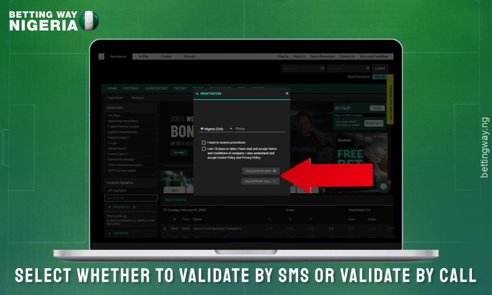 Select a method to confirm your registration on Blackbet