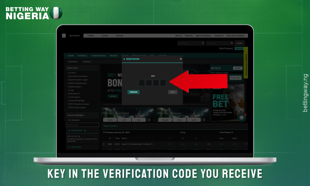 Enter the received code and confirm your registration on Blackbet