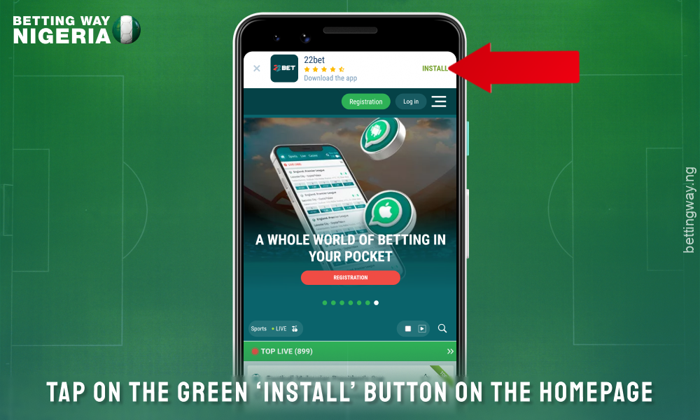 To download the 22bet mobile app for Android, click the Install button on the main page