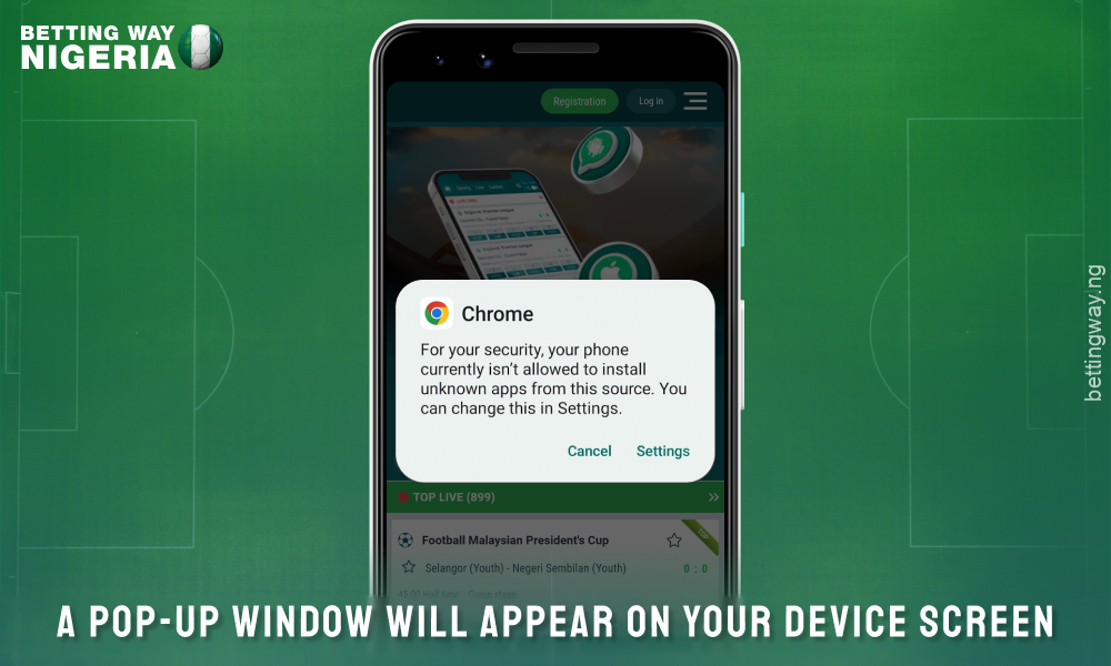 Read the notification that appears before downloading the 22bet mobile app for Android
