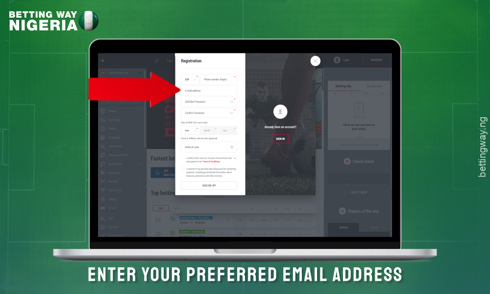 Enter your email in the registration form to create an account on DOXXbet