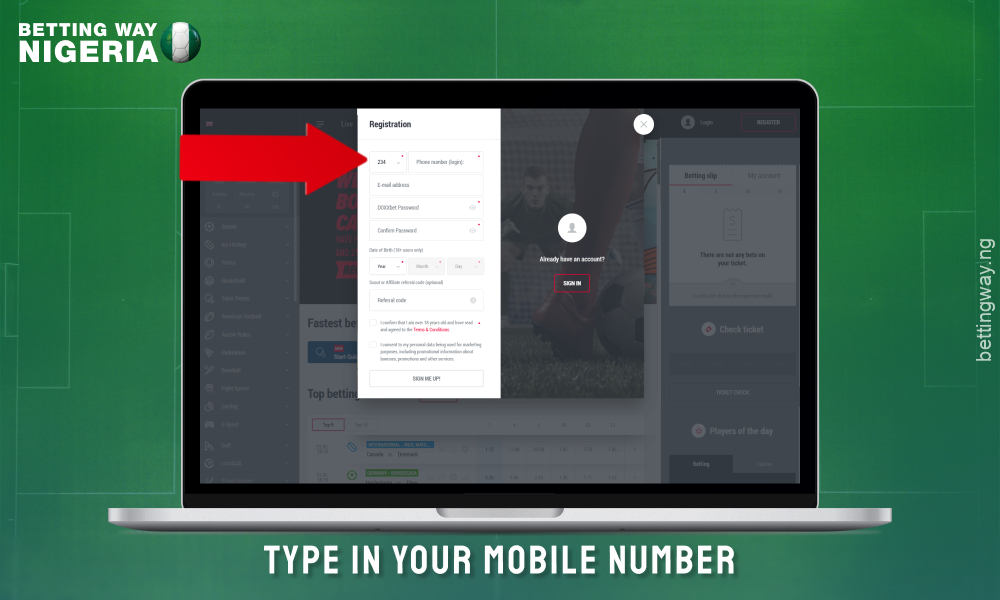 Enter your phone number in the registration form to create an account on DOXXbet