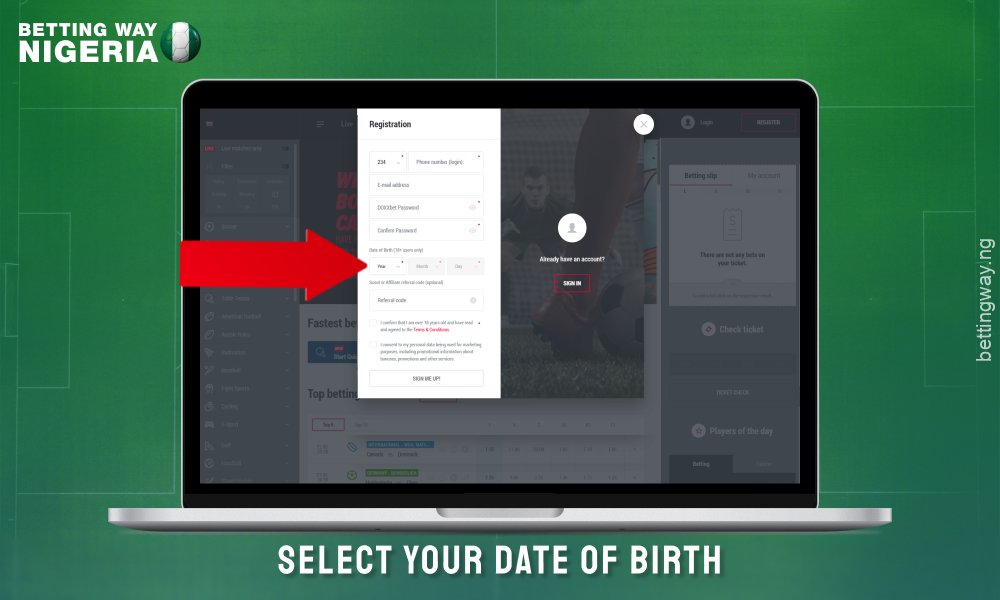 Select your date of birth in the registration form to create an account on DOXXbet