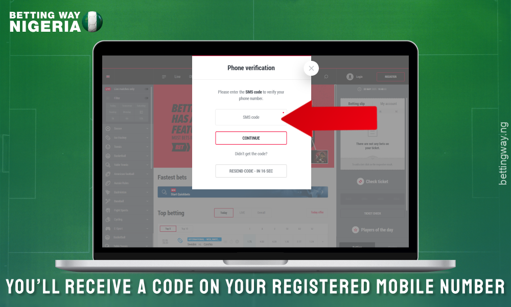 Enter the code received via SMS to complete registration on DOXXbet