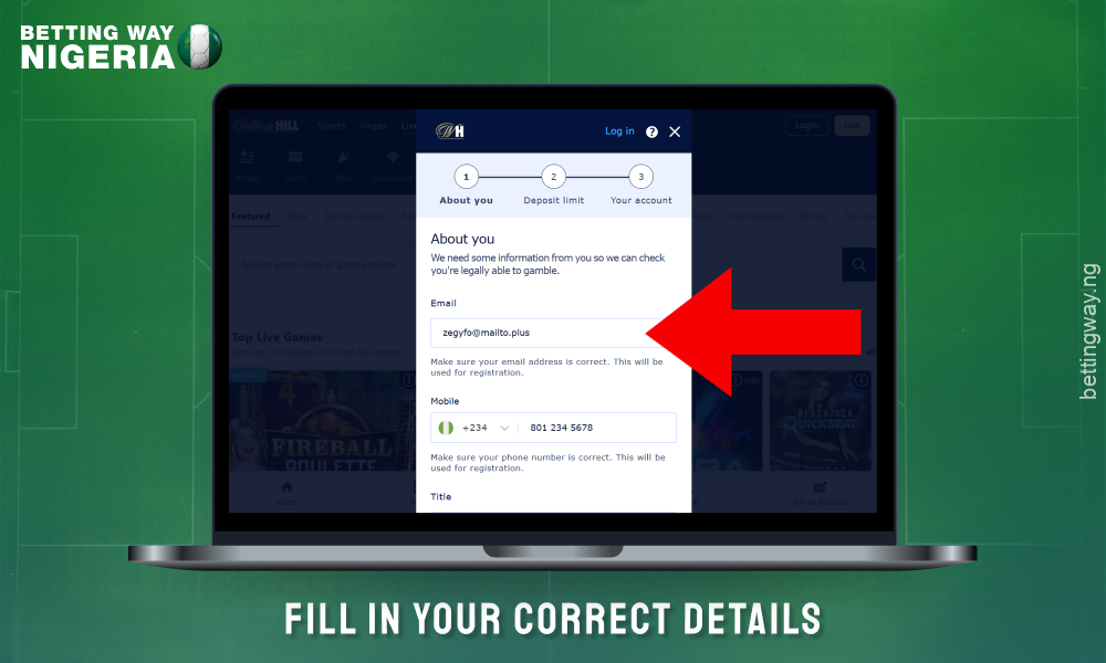 Fill in the William Hill registration form with your personal details