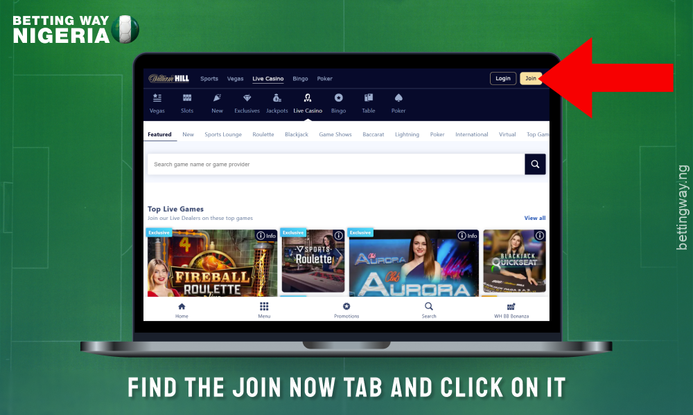 Find the Join button on the William Hill homepage