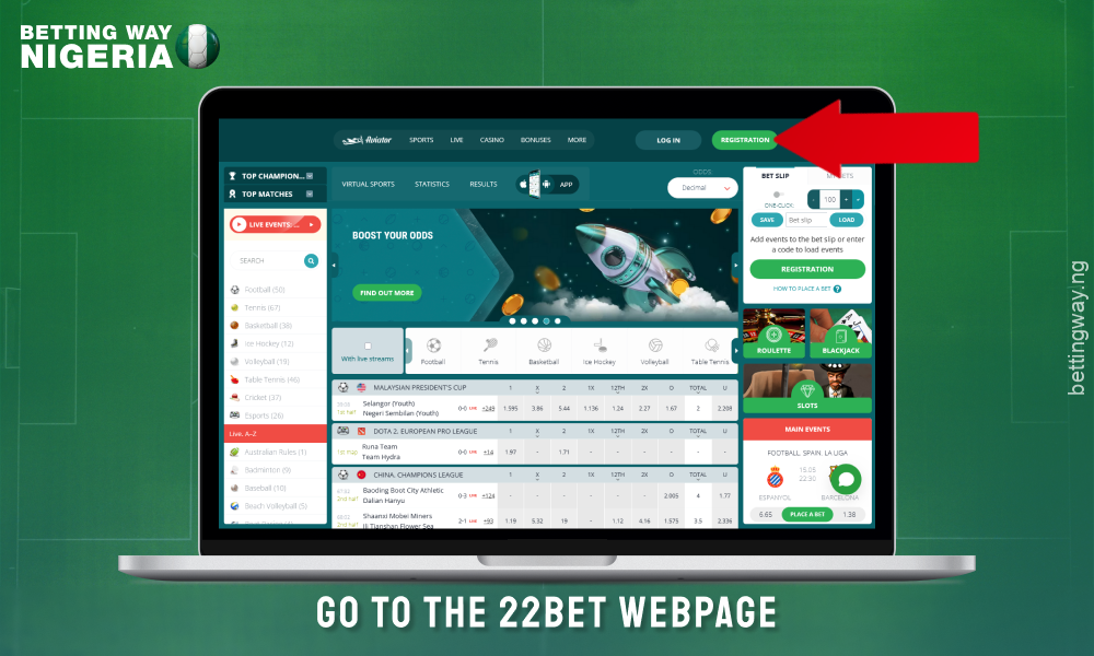Open 22bet Nigeria website to register