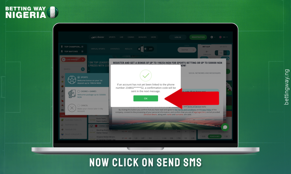 Confirm your phone number via sms to register on 22bet Nigeria