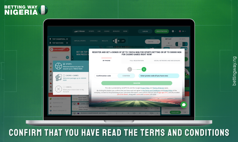 Read and agree to the terms and conditions to register at 22bet Nigeria