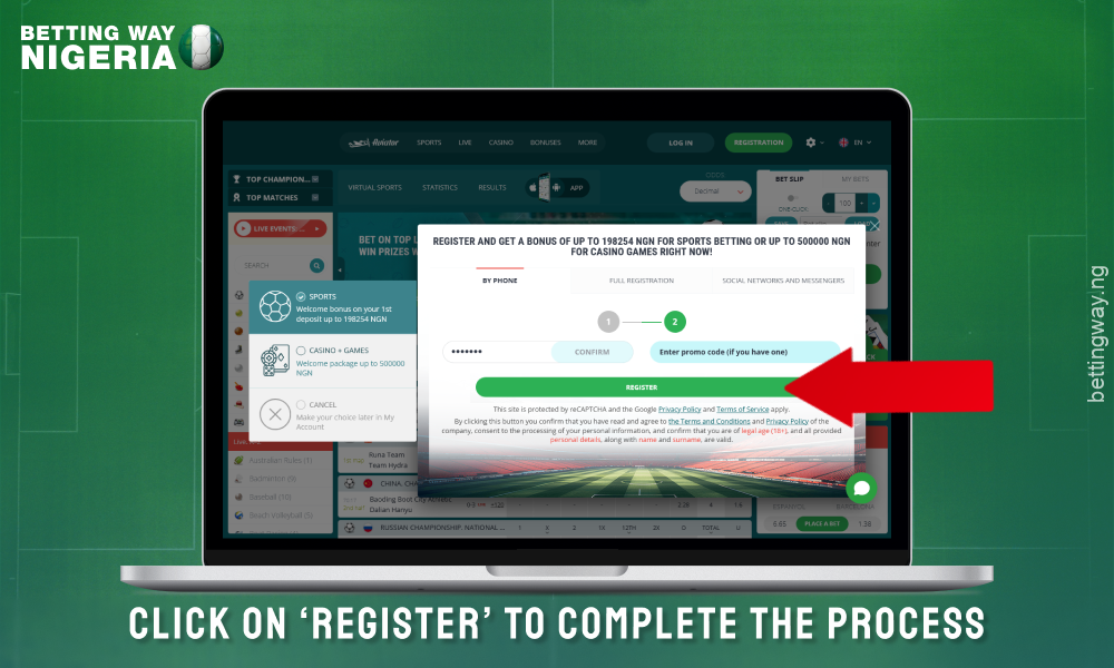Click the Register button to complete the account creation process on 22bet Nigeria