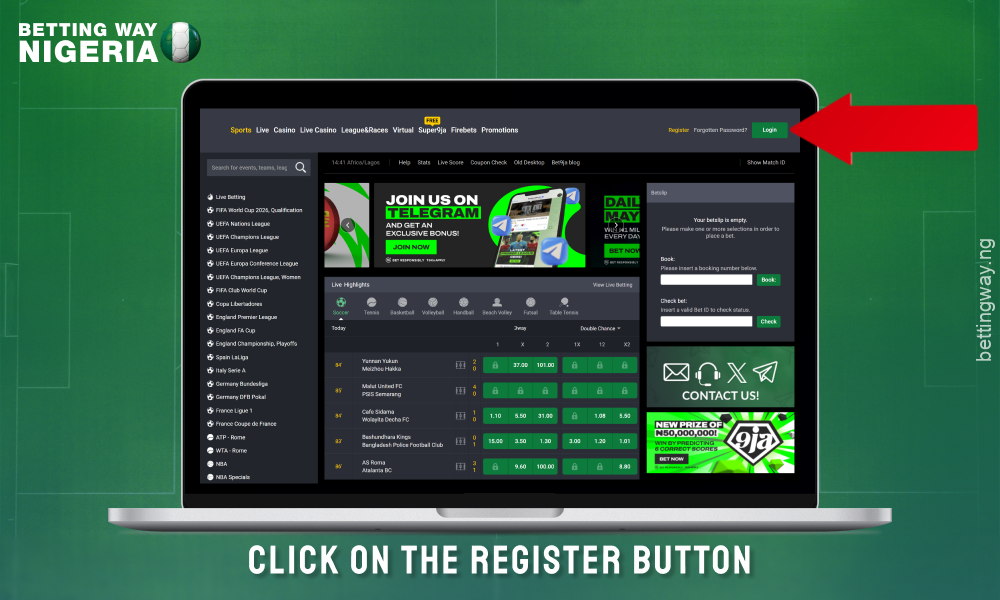 Click on the register button in the top left corner to create an account on the bet9ja Nigeria website