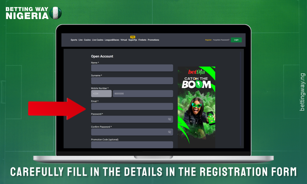 Fill out the registration form to create an account on the bet9ja Nigeria website