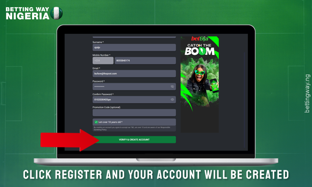 Click the confirm button and create an account on the bet9ja Nigeria website