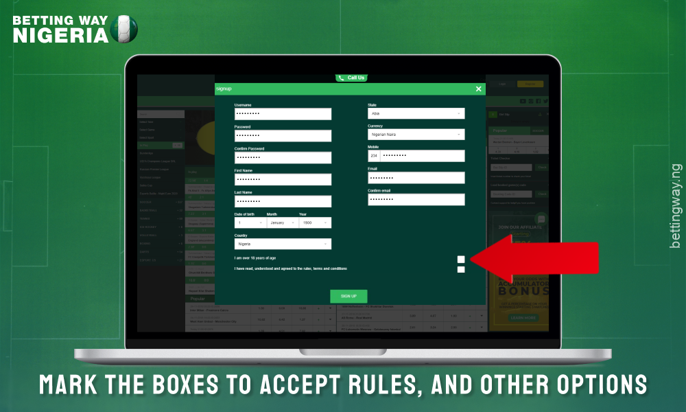 Accept the terms of creating an account on Lionsbet