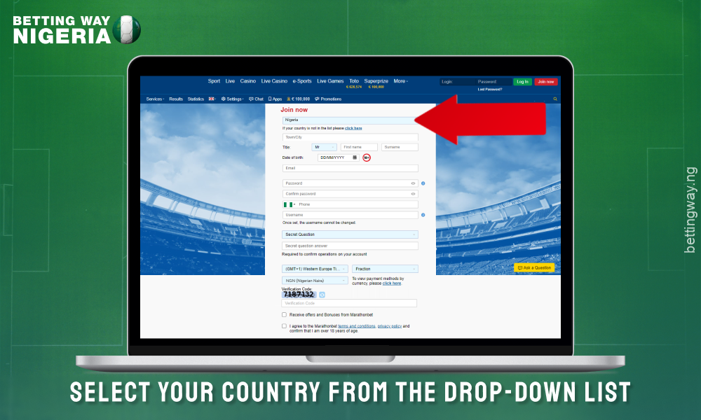 To register on the Marathonbet website, select your country in the registration form