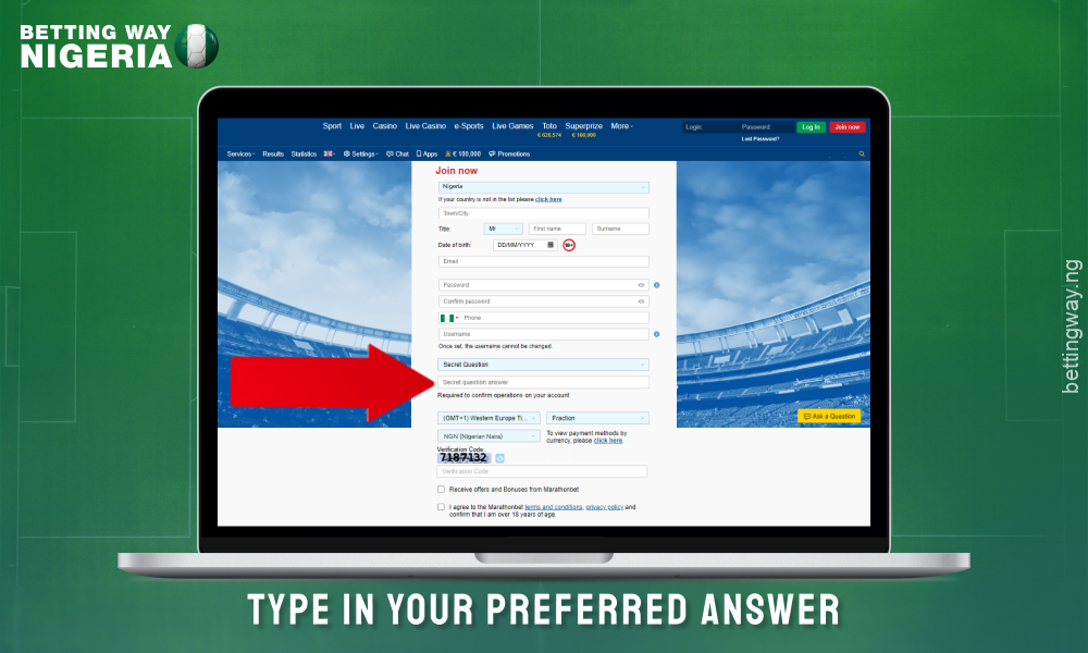 Enter the answer to the secret question in the registration form to create an account on Marathonbet