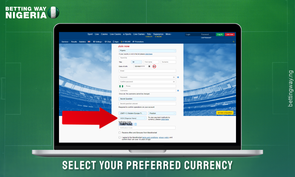 Select your preferred currency to create an account on Marathonbet