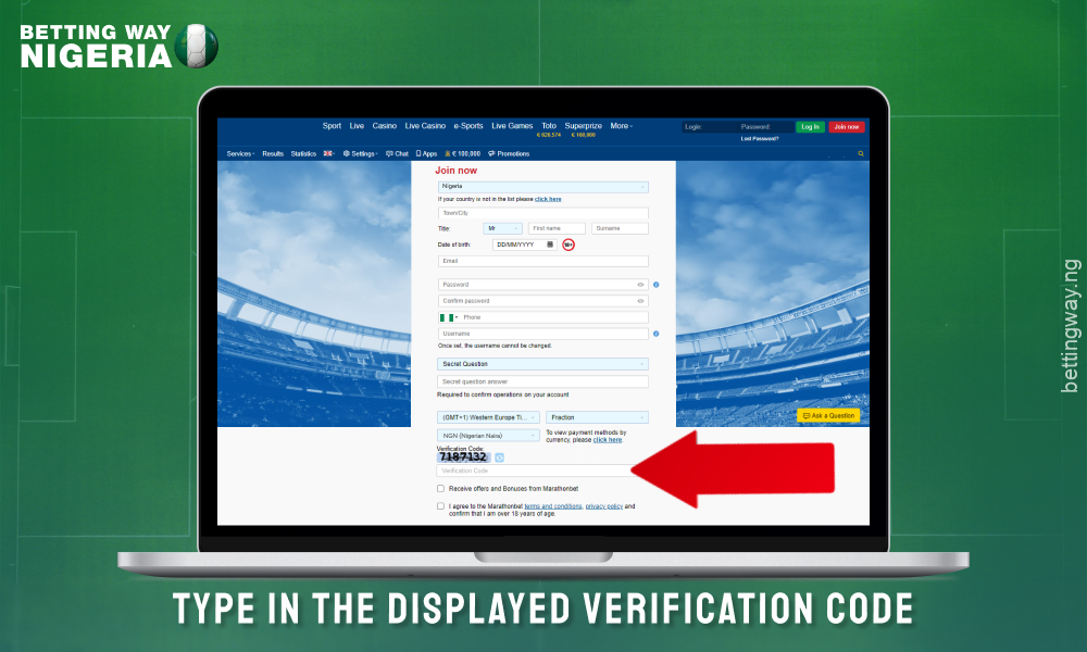 Enter the verification code to create an account on Marathonbet