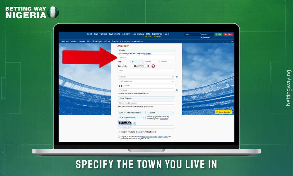 To create a Marathonbet account, select your city