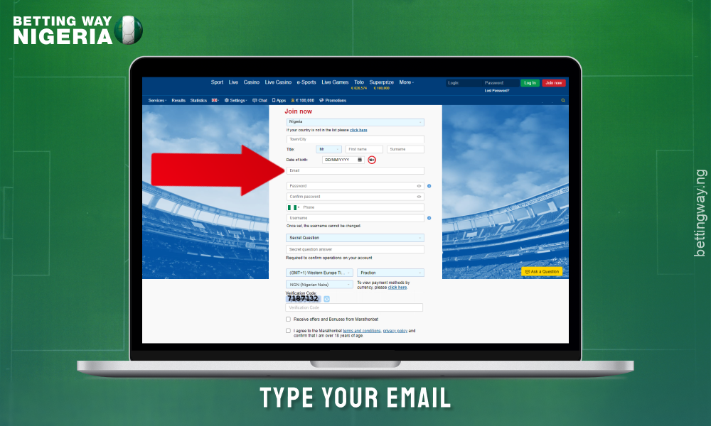 To create a Marathonbet account, enter your email in the registration form