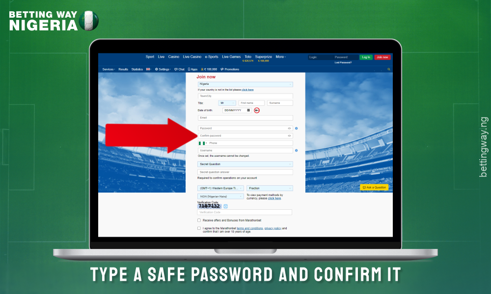 To register on Marathonbet create a password