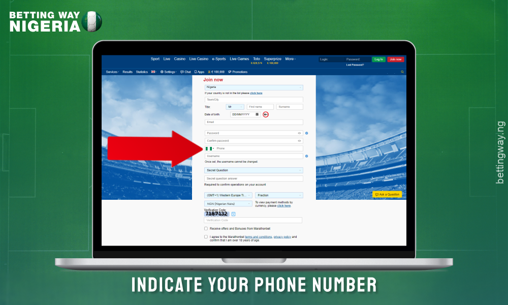 Enter your phone number to register on Marathonbet