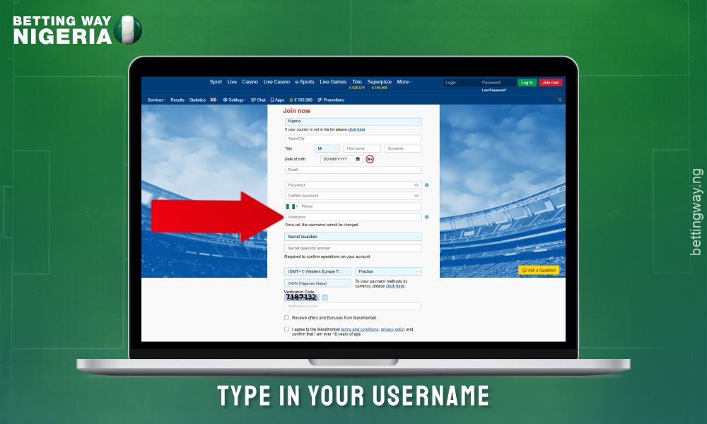 Create and enter a username to create an account on Marathonbet