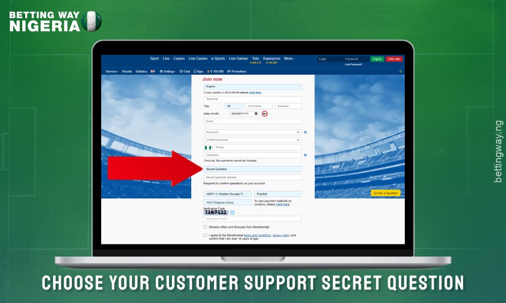 Select a secret question to create an account on Marathonbet