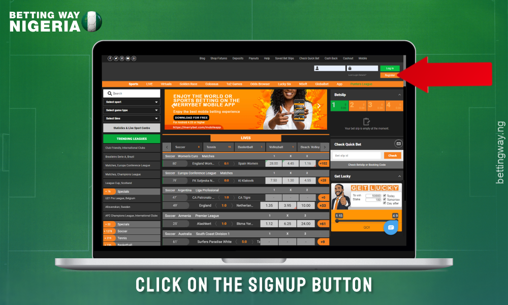 Click on the register button to create an account on Merrybet