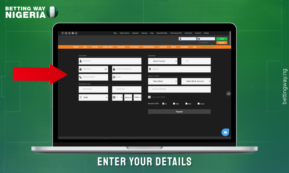 Enter your personal details in the registration form to create an account on Merrybet