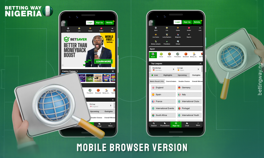 Betway's mobile browser version offers easy access to all of the site's features without installing an app