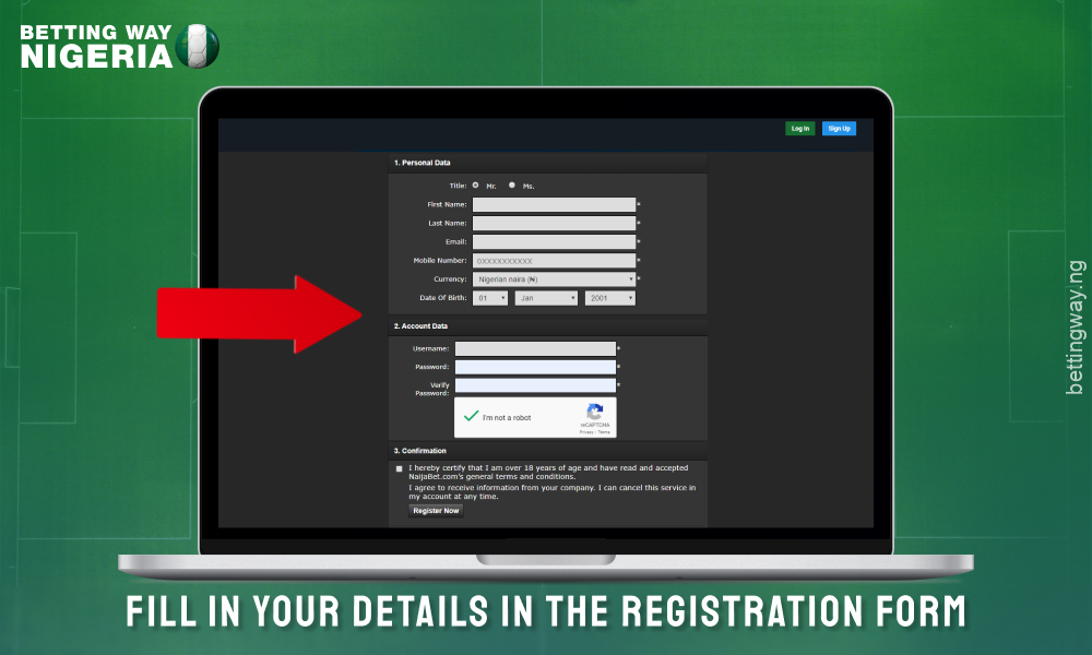 Fill out the registration form to create an account on Naijabet