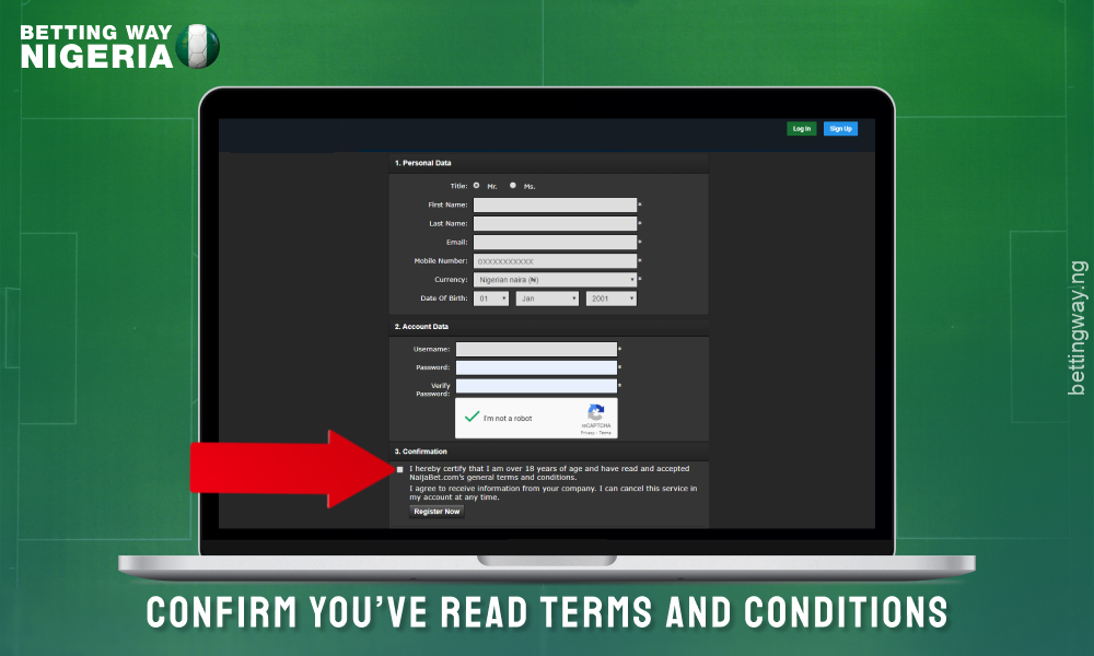 Agree to the terms and conditions to create an account on Naijabet