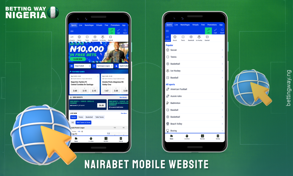 Nairabet's mobile site offers full and lightweight versions, providing convenient and quick access to betting from any phone