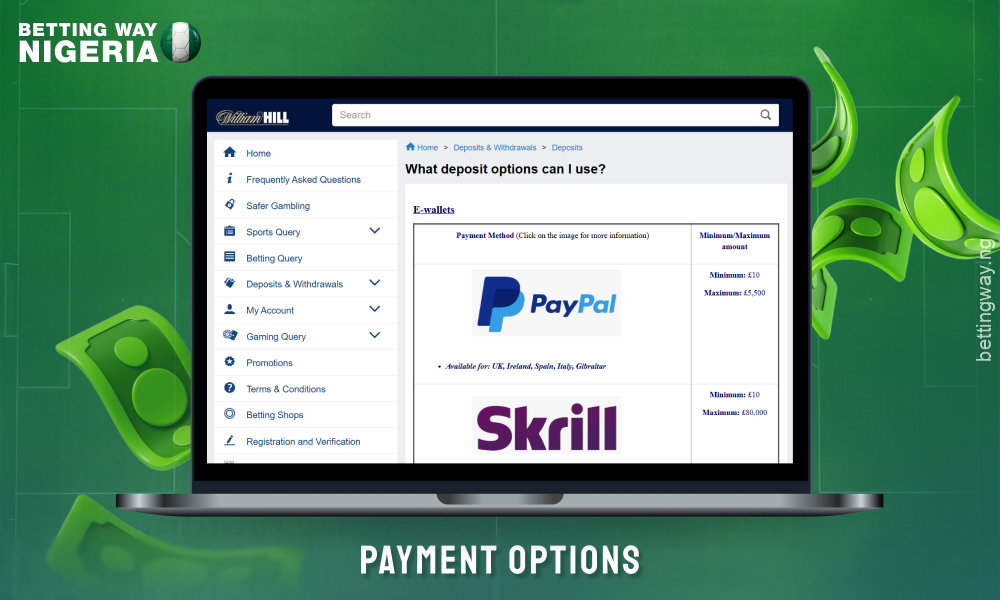 William Hill provide their customers with a variety of payment options from Nigeria