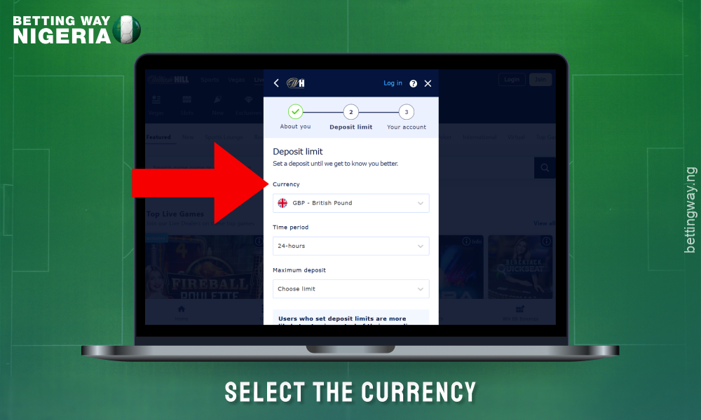 Choose the currency you will use when betting at William Hill