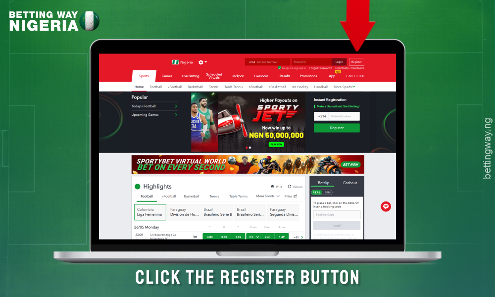 Open the Sportybet website and click on the Register button