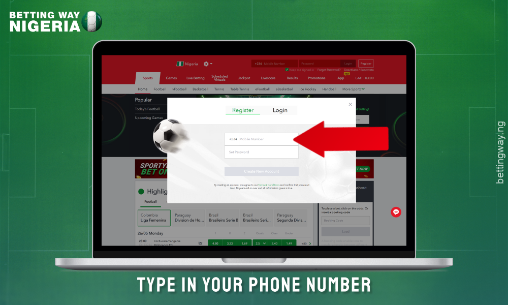 Enter your phone number to register on Sportybet