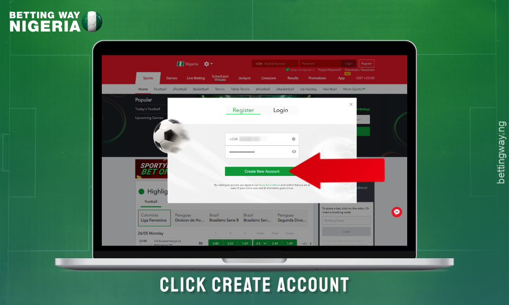Click Create Account to register with Sportybet