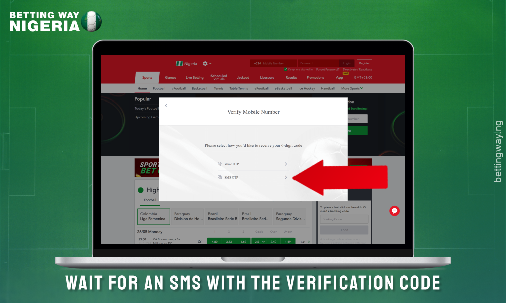 Wait for an SMS with a code to complete the creation of an account on Sportybet