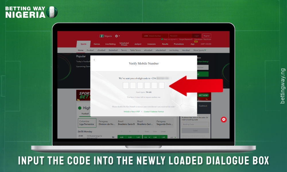 Enter the received code and complete the creation of an account on Sportybet