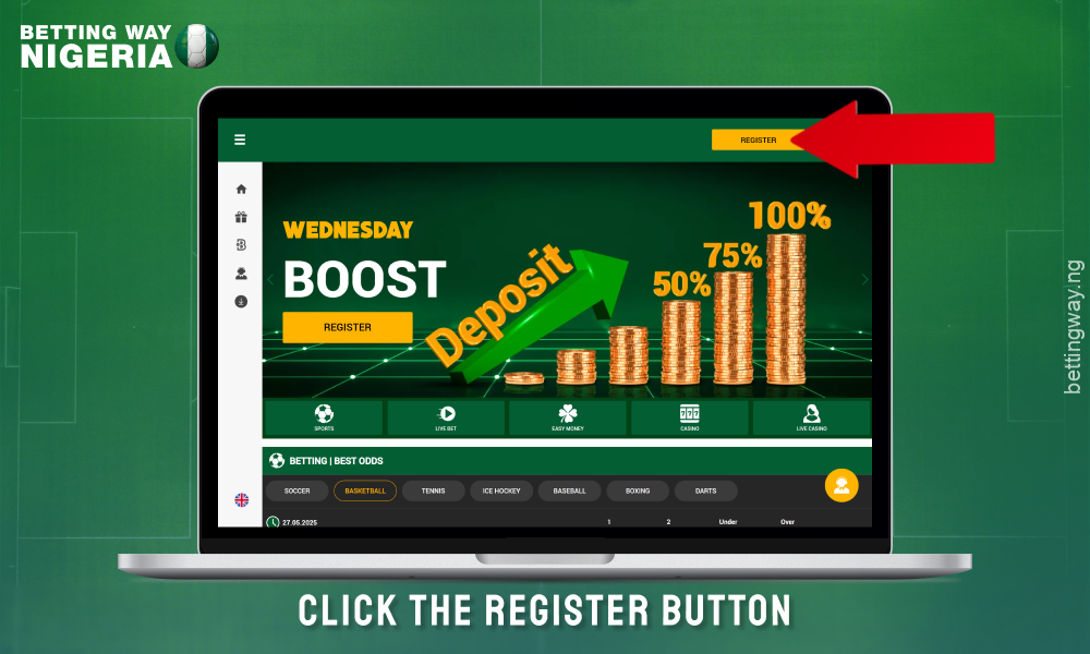 Click on the Register button to create an account on Wazobet Nigeria
