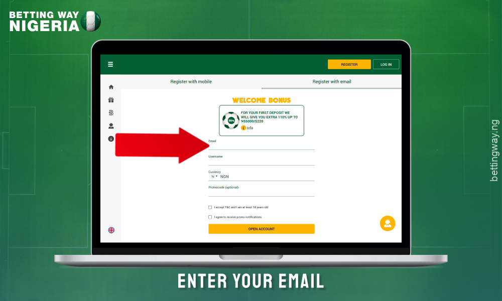 Enter your email to create an account on Wazobet Nigeria