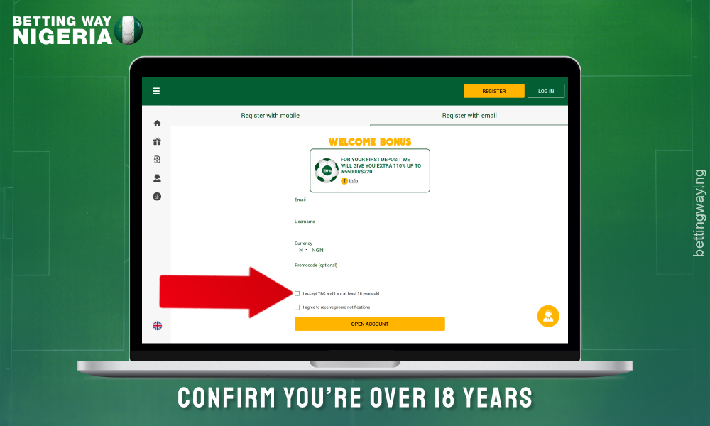 Confirm that you are over 18 years old to register on Wazobet Nigeria