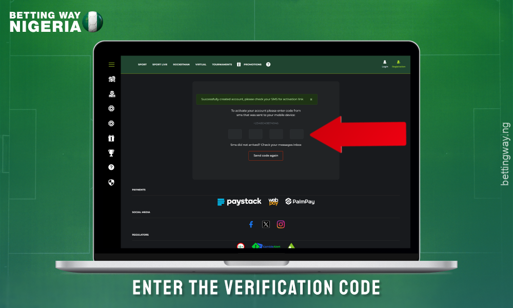 To create an account on Winnersgoldenbet enter the confirmation code