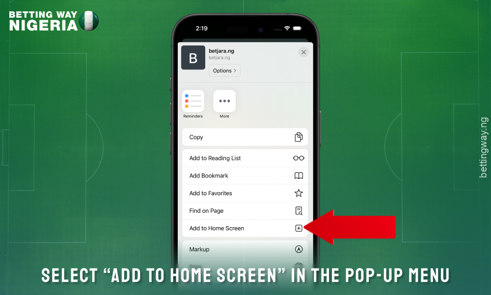 Click on the Add to Home Screen button to install the Betjara app for iOS