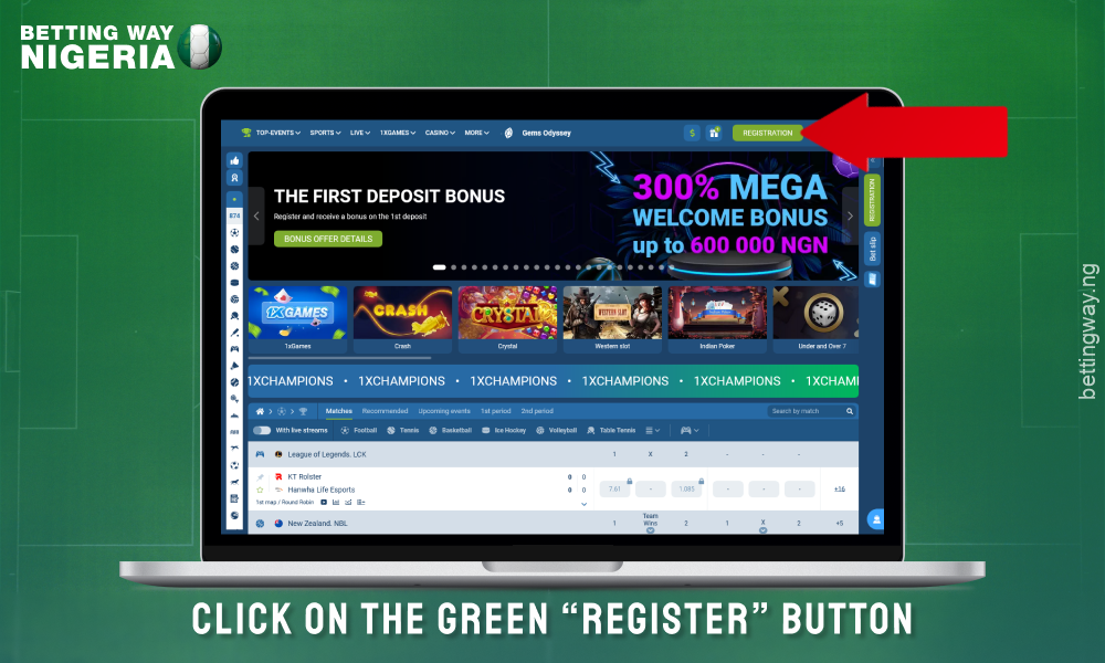 Click on the Register button to create a 1xbet account