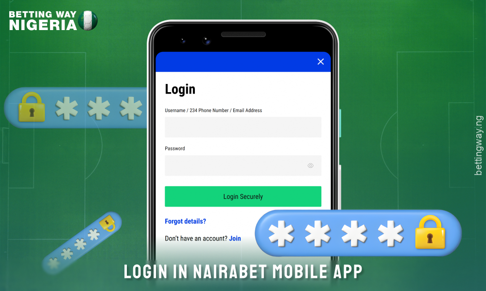 To log in to the Nairabet app, open it, enter your details and click Login