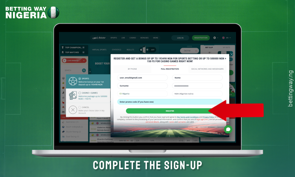 Send a form and finish registration on 22bet Nigeria