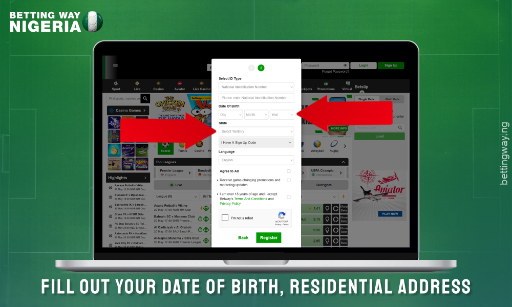Complete the registration form to create an account on Betway Nigeria